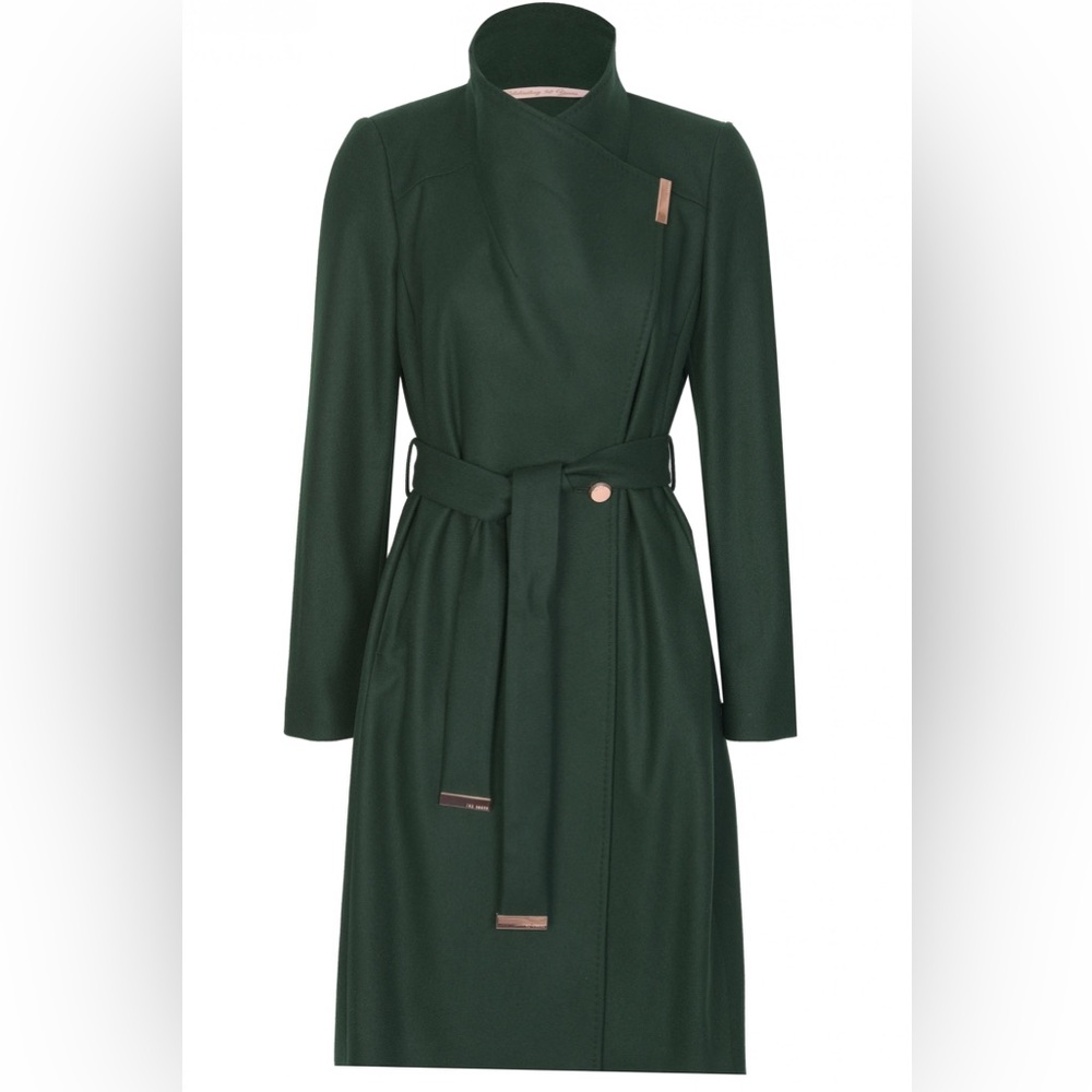Dark green trench coat with rose gold tone hardware.